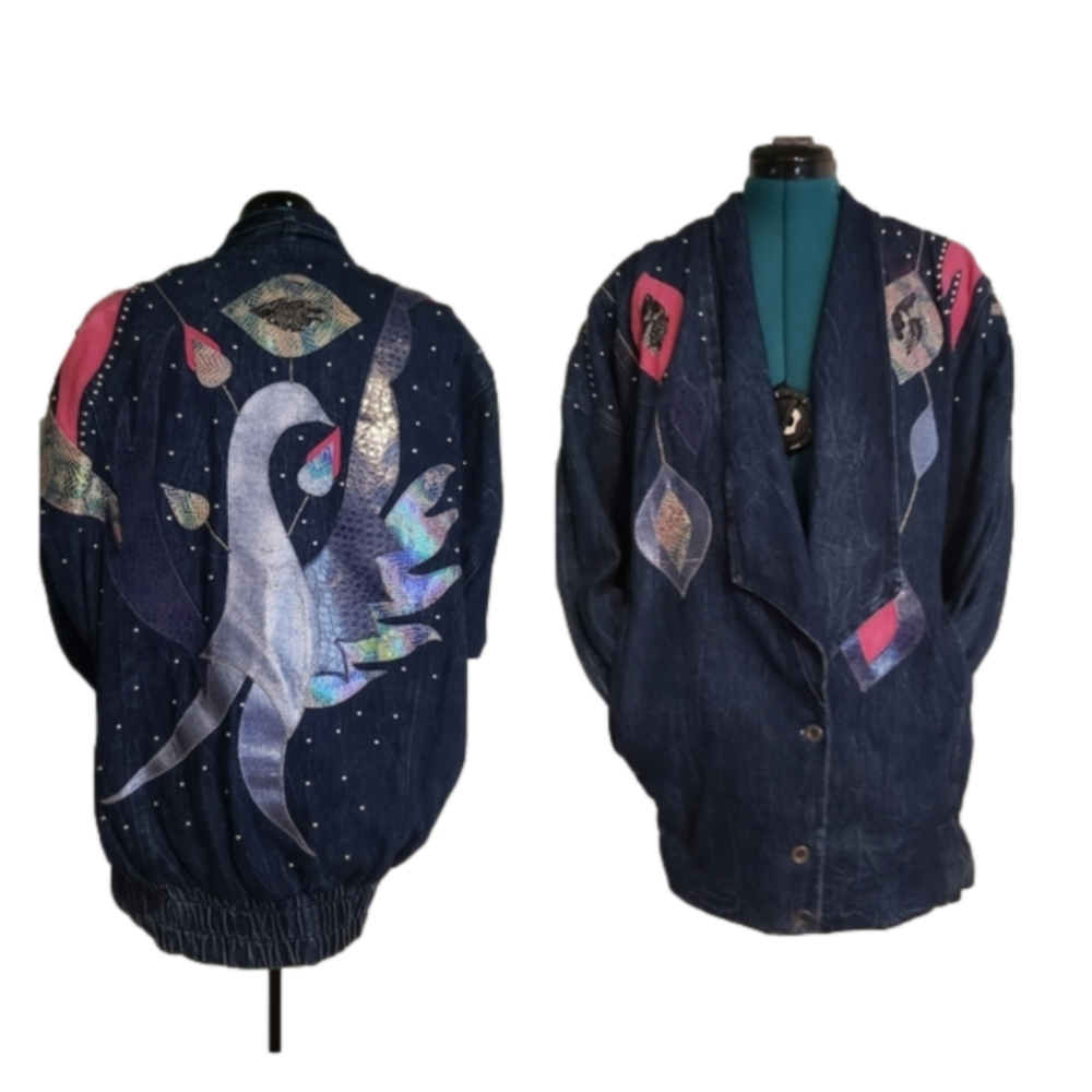 Vintage Retro Style Denim Skirt Suit With Patches & Studs